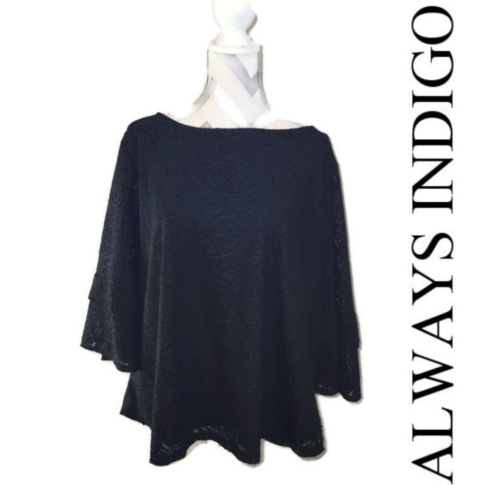 Always Indigo Black Lace Bell Sleeve Top Size 2X